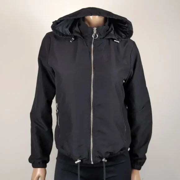 Suzy Shier Soft Shell Hooded Jacket Black Drawstring Adjustable Spring Fall - Picture 11 of 11